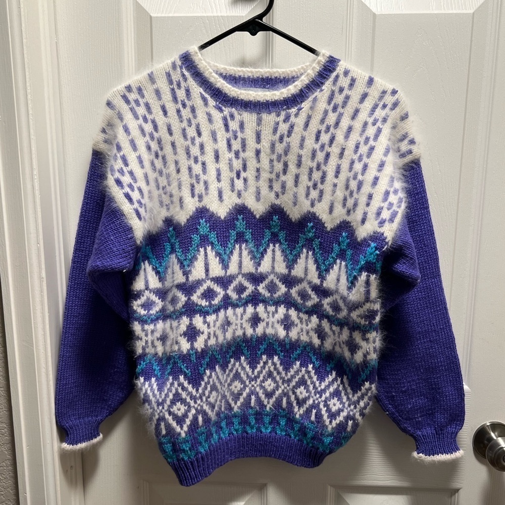 Marceau | Vintage Nordic Fair Isle Sweater Wool Angora Purple White Teal Sz M - Picture 1 of 7